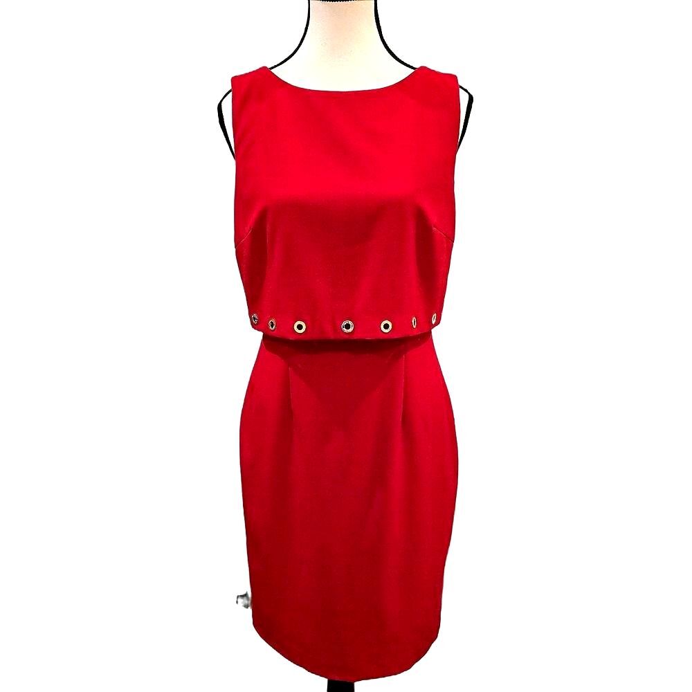 Calvin Klein Red Sheath Dress Womens 4 Sleeveless Gold Grommet Popover Cocktail